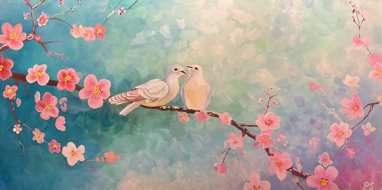 Two white doves on cherry blossom branch painting