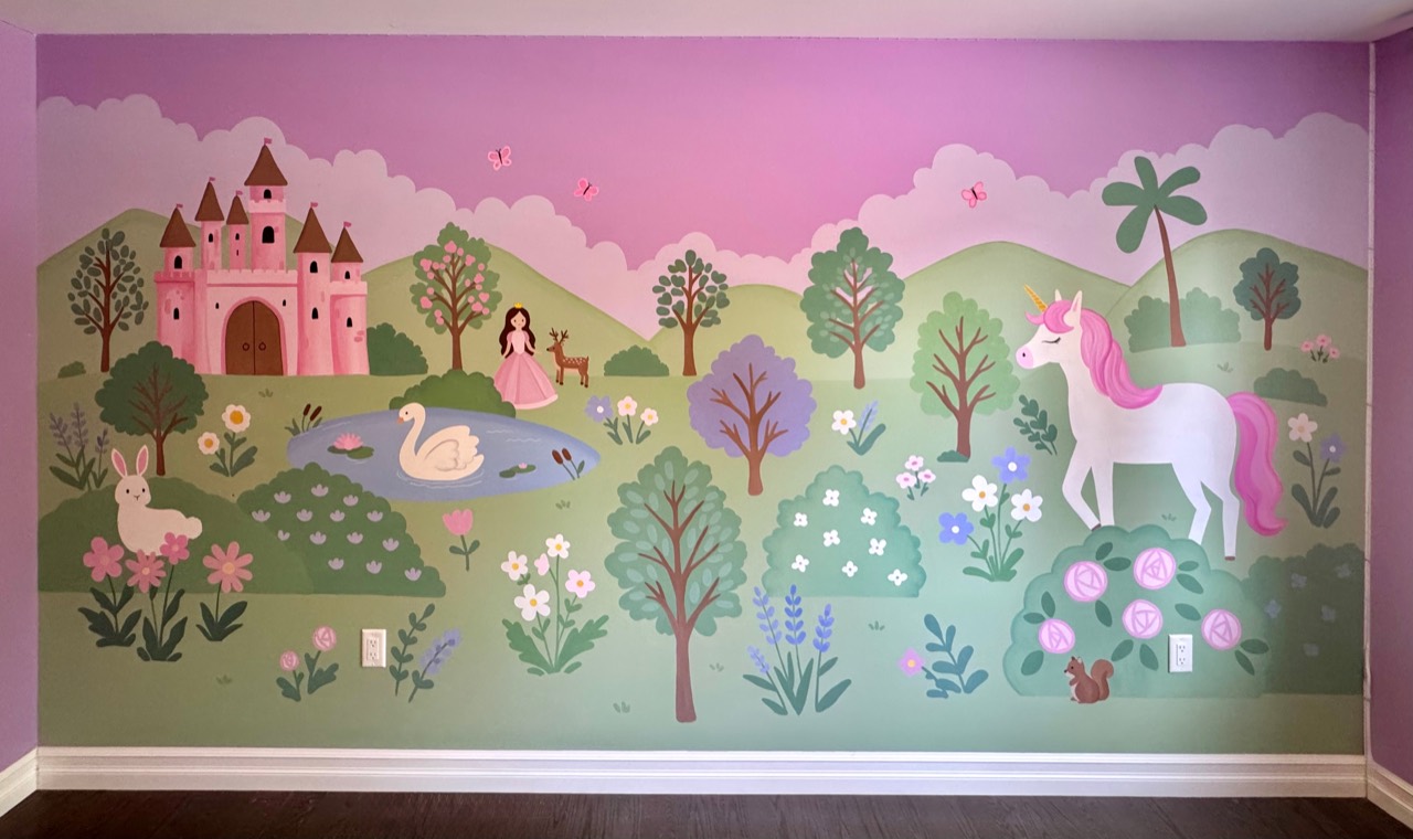 Wall mural with a pink castle, princess, unicorn, swan pond and flowering trees