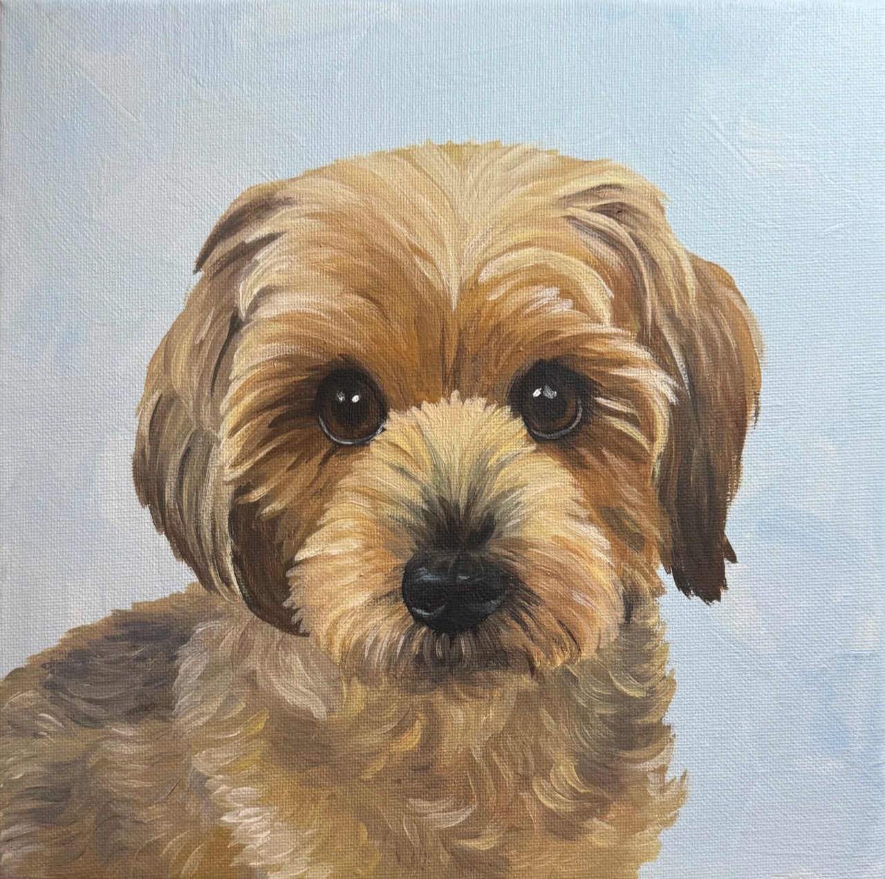 Portrait painting of a golden-brown dog against a pale blue background