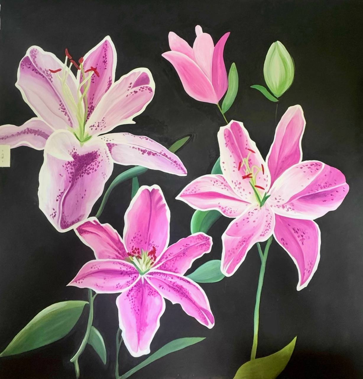 Pink lily floral mural on a black background